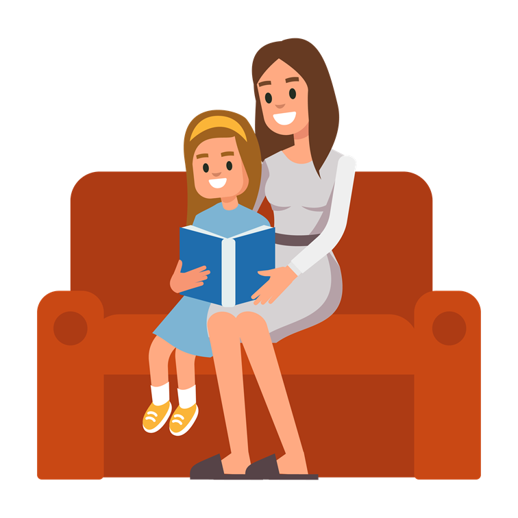 illustration of girl reading a book with adult